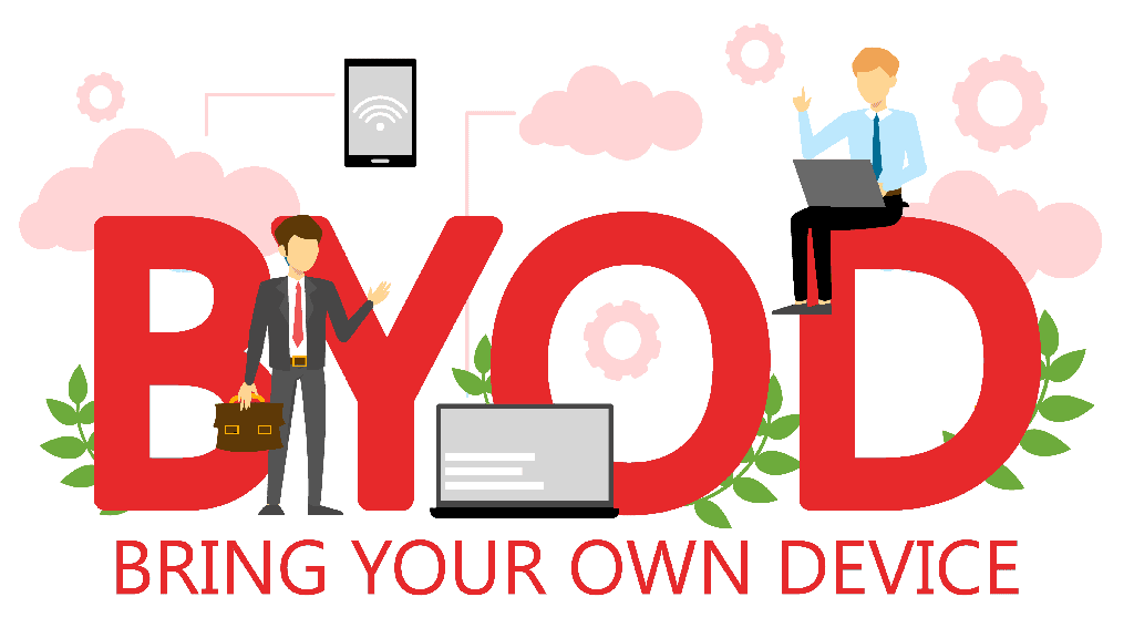 Clipart of employees enjoying their BYOD ecosystem, ignoring BYOD risks.